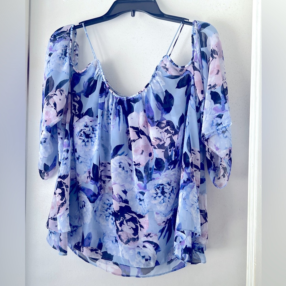 Jennifer Lopez Blue and Purple Puff Sleeve Ruffled Blouse - Off Shoulder - Sz M